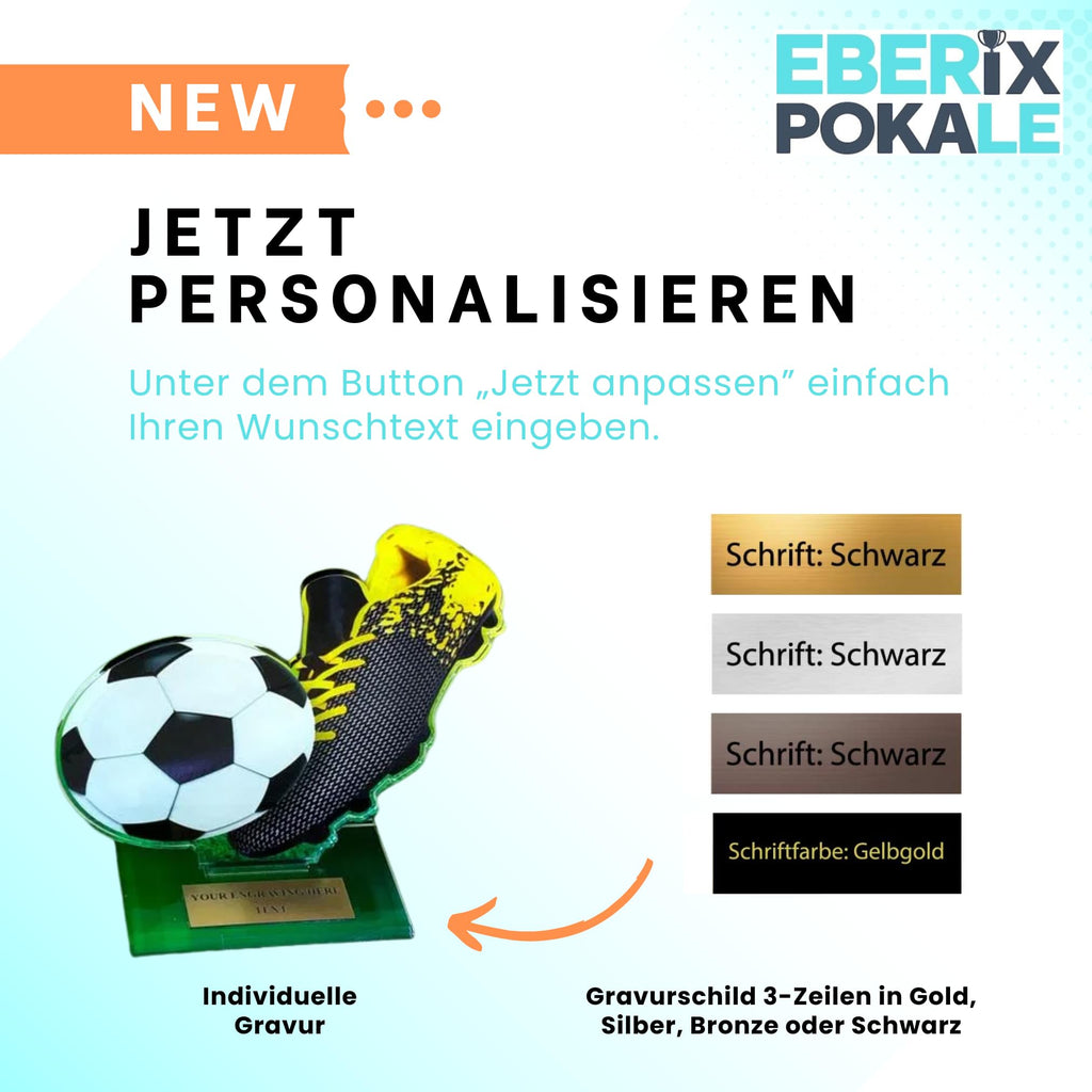 14 cm Fussballpokal Trophaee aus Acryl - 3D Design mit Schuh & Ball