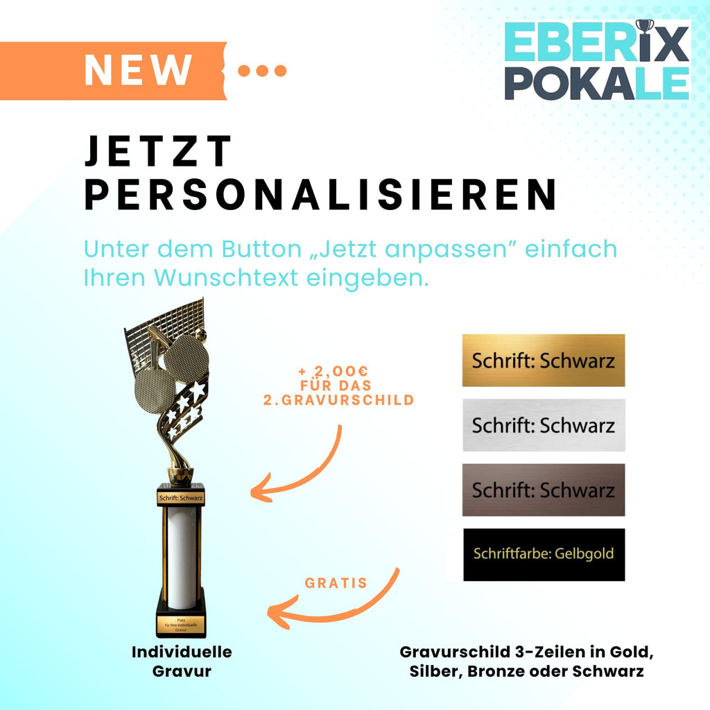 eberix · Tischtennis Pokal · mit Wunschgravur · Trophäe mit weißer Glanzsäule · Siegerpokal für Tischtennisturnier, Schulmeisterschaft, Verein, Jugendturnier · personalisierbar ·