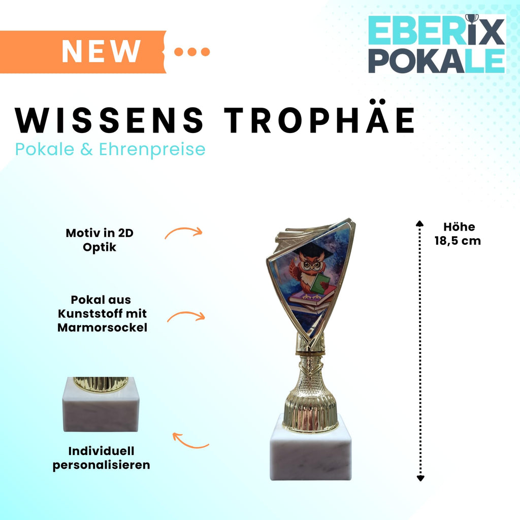 Eberix Eulen Pokal 18,5cm - Trophäe mit Gravur, Marmorsockel & 2D-Motiv