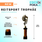 eberix · Reitsport Pokal · mit Wunschgravur · Trophäe mit Hufeisen-Motiv & goldener Glanzsäule · Siegerpokal für Reitturnier, Voltigieren, Dressur, Pferdesport ·