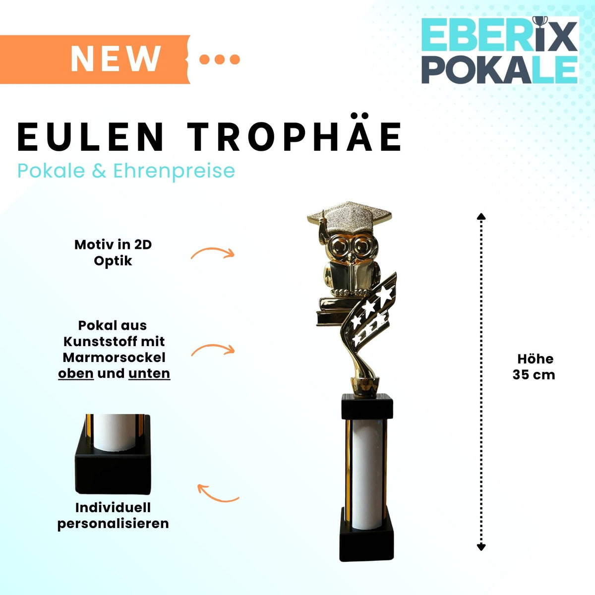 eberix · Bildung Eule Pokal· mit Wunschgravur · Trophäe mit Doktorhut-Motiv · Ehrenpreis für Schulabschluss, Kindergarten, Abitur, Bildungspreis · personalisierbar ·