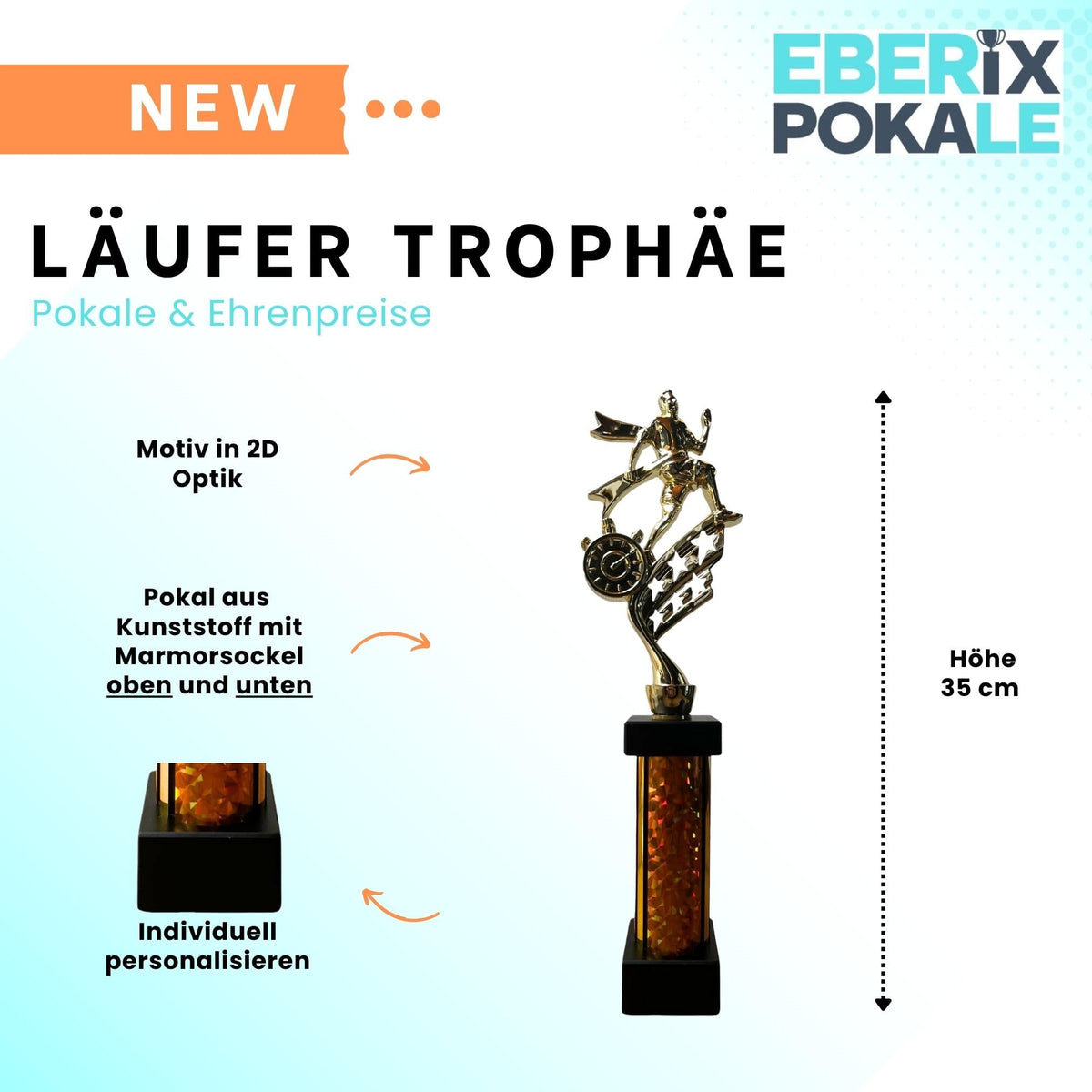 eberix · Laufsport Pokal · mit Wunschgravur · Trophäe mit Läufer-Motiv · Siegerpokal für Marathon, Volkslauf, Sportfest, Vereinsmeisterschaft · personalisierbar ·
