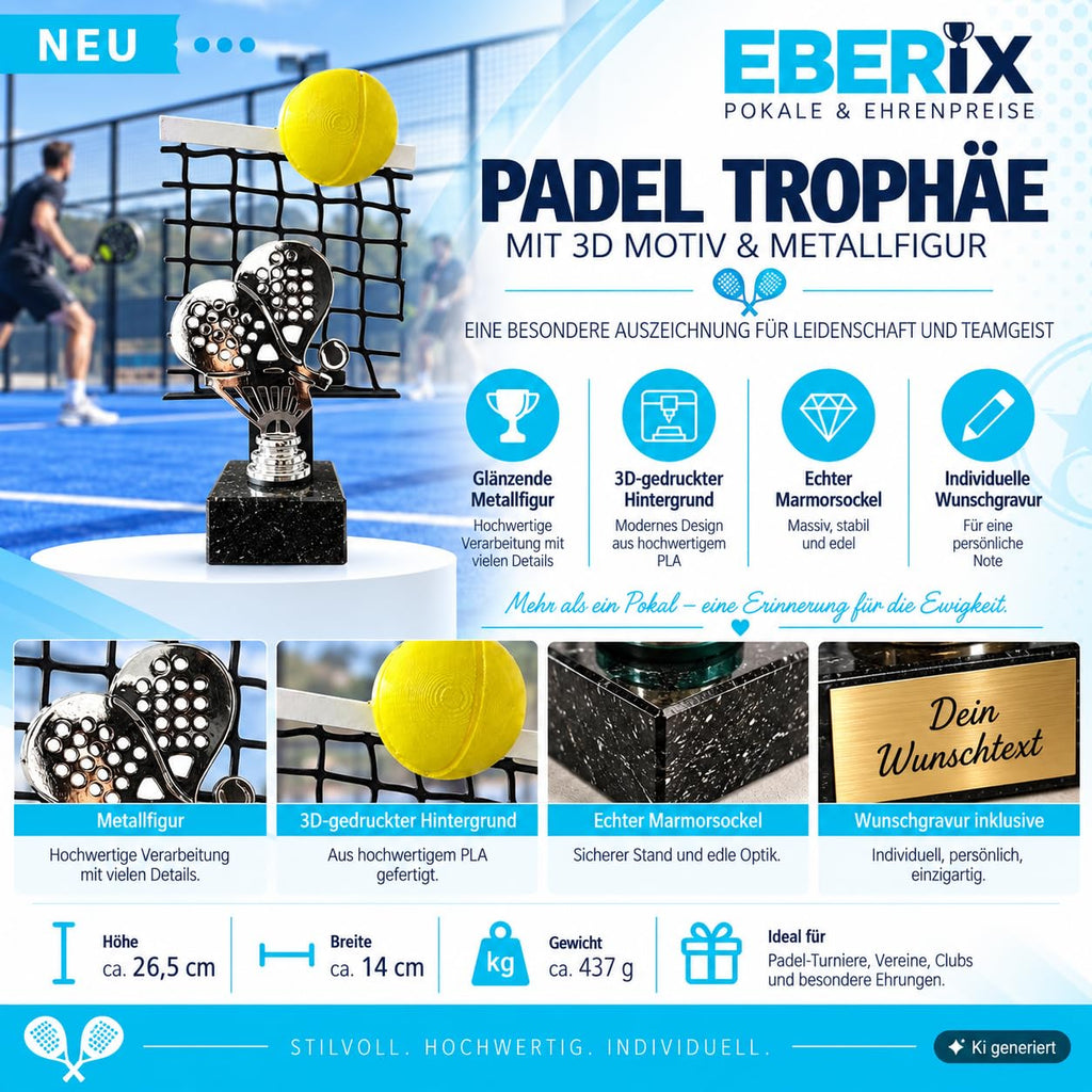 Padel Trophäe 26,5 cm Metallfigur mit 3D-Motiv & Wunschgravur