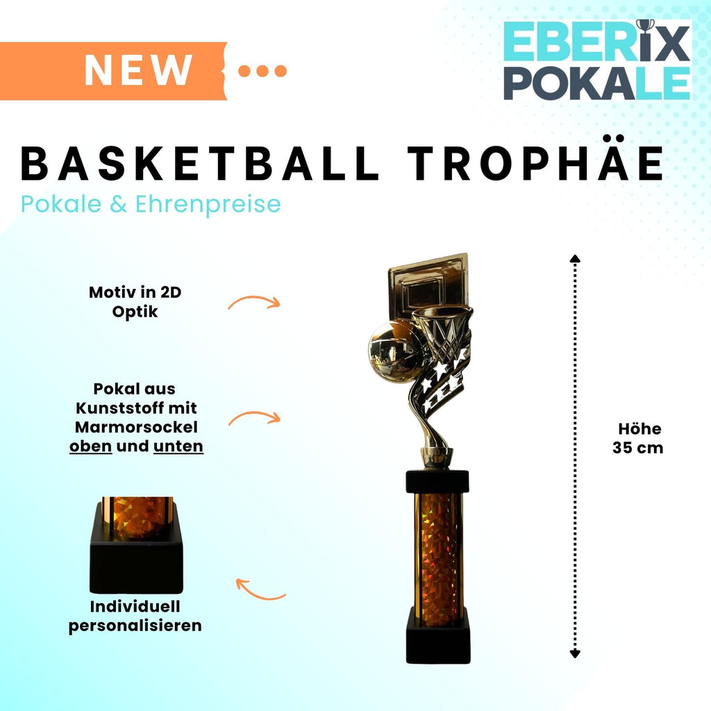 eberix · Basketball Pokal · mit Wunschgravur · Trophäe mit Korb & Ball Motiv · Siegerpokal für Basketballturnier, Vereinsmeisterschaft, Streetball · personalisierbar ·