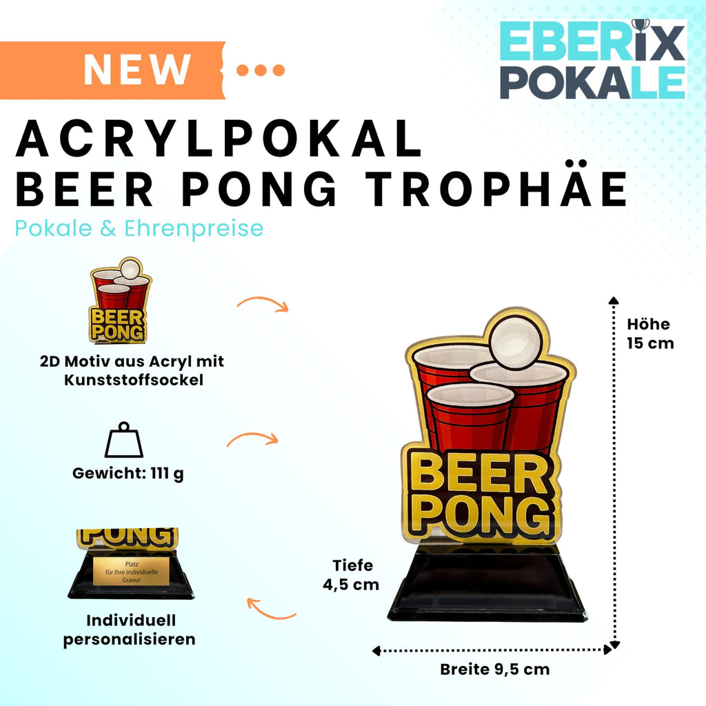 EBERiX POKALE – Beer Pong Acryl Pokal 15 cm hoch – Trophäe mit Gravurschild – Award für Partyspiele & Fun Events – personalisierbar