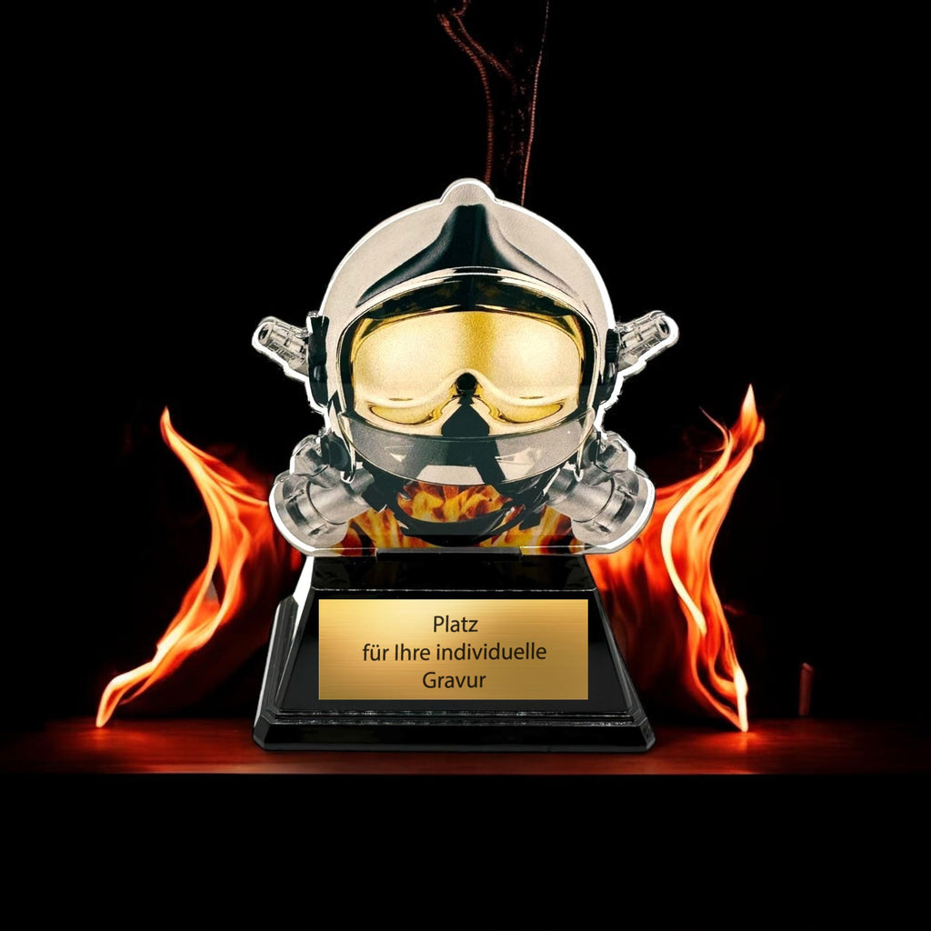 XS Acryl Feuerwehr Pokal 9 cm Hoch - Trophäe mit Gravurschild & Helm-Motiv