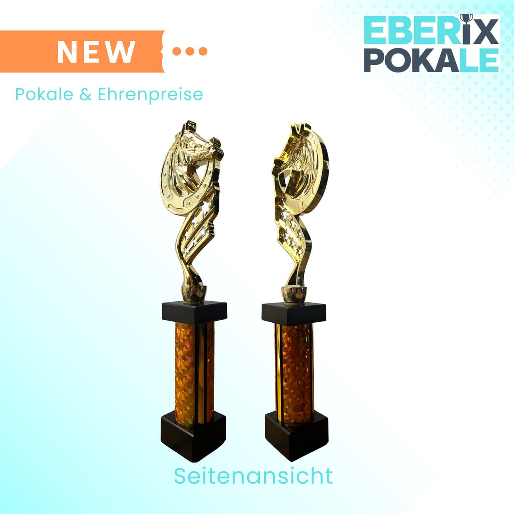 eberix · Reitsport Pokal · mit Wunschgravur · Trophäe mit Hufeisen-Motiv & goldener Glanzsäule · Siegerpokal für Reitturnier, Voltigieren, Dressur, Pferdesport ·