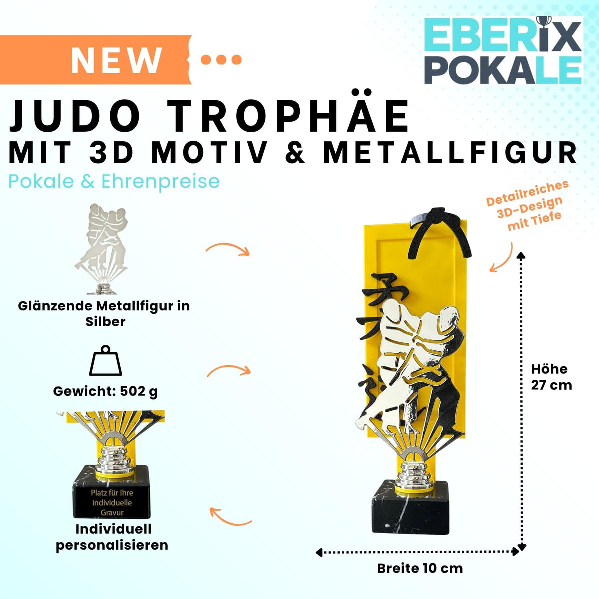 Judo Trophäe 27 cm Metallfigur mit 3D-Motiv & Wunschgravur