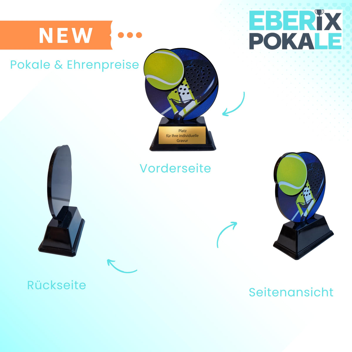 EBERiX POKALE – XS Padel Pokal aus Acryl, 10 cm – moderne Trophäe mit Ball-Motiv & Gravurschild, Sockel aus Kunststoff – Padelcup für Kinder & Erwachsene