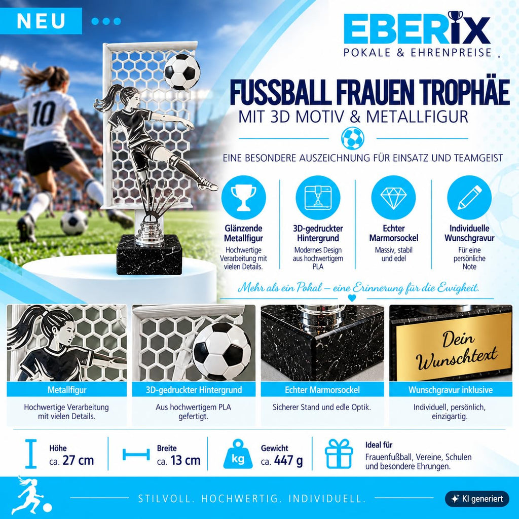 Fußballpokal Damen 27 cm Metallfigur mit Wunschgravur & 3D-Motiv