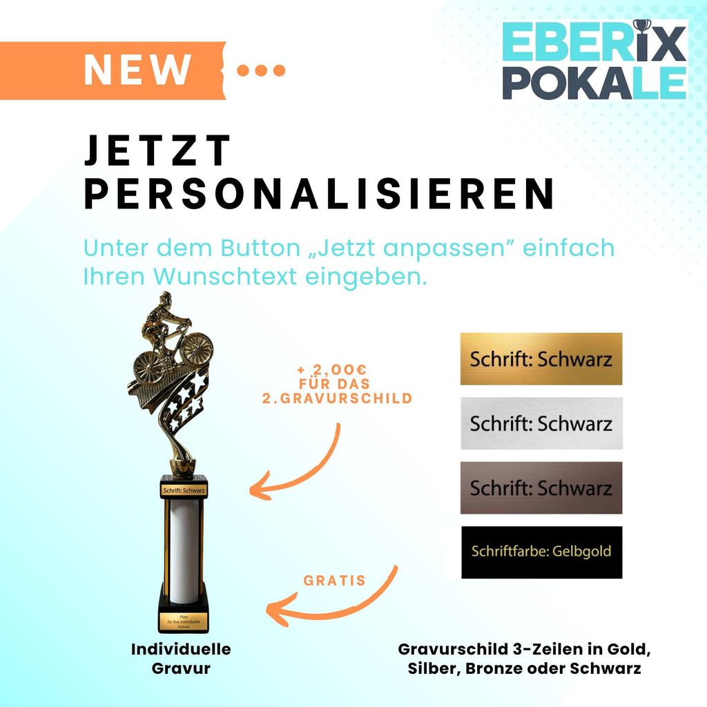 eberix · Radsport Mountainbike Pokal · Fahrrad Pokal · mit Wunschgravur · Stadtradeln Trophäe mit Fahrrad-Motiv · Pokal für Radrennen, Vereinsmeisterschaft · personalisierbar ·