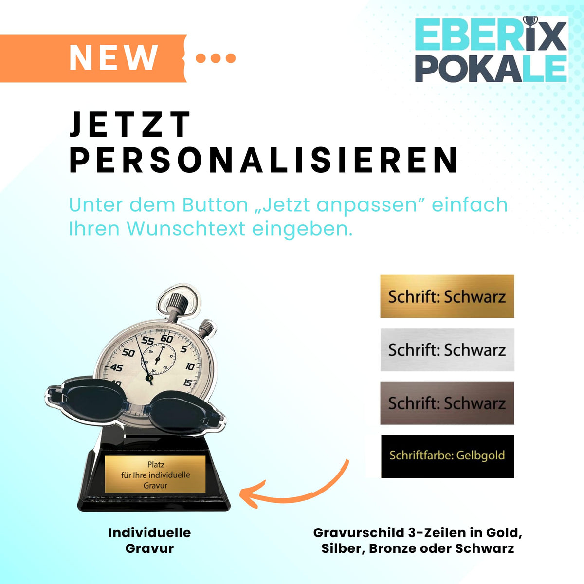 Schwimmer Pokal 9,5 cm - Acryl Trophäe mit Stoppuhr & Gravurschild