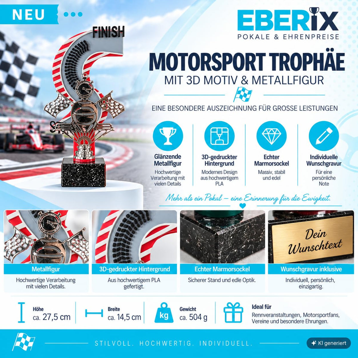 Motorsport Trophäe 27,5 cm Metallfigur mit 3D-Motiv & Wunschgravur