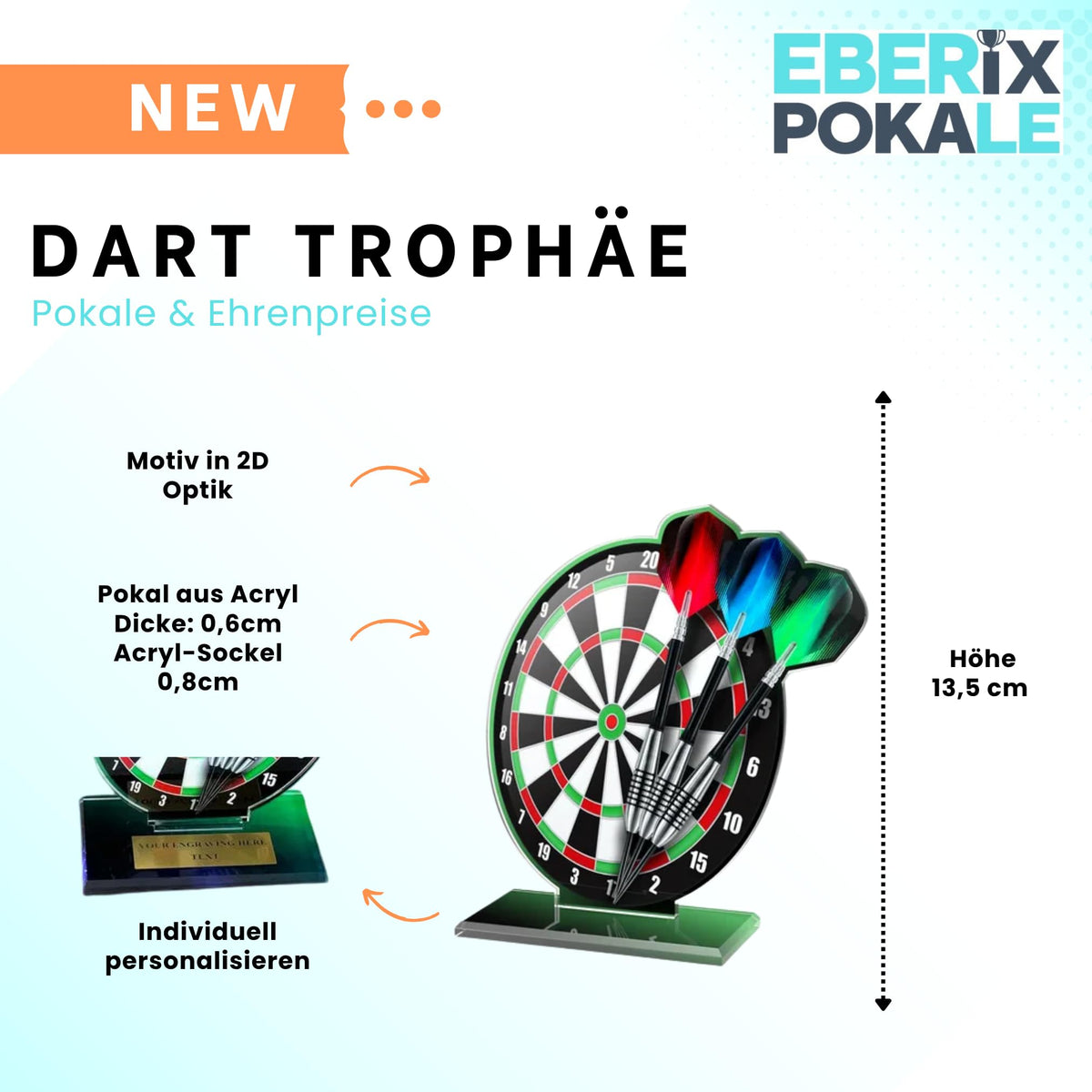 Dart-Pokal mit Wunschgravur - Acryl-Trophäe für Dartturniere - Award 2D
