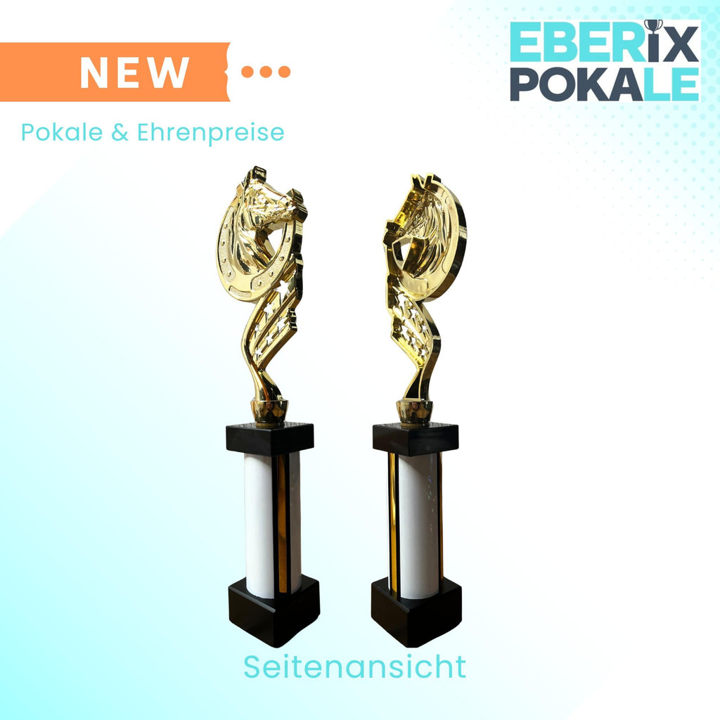 eberix · Reitsport Pokal · mit Wunschgravur · Trophäe mit Hufeisen-Motiv & weißer Glanzsäule · Siegerpokal für Reitturnier, Voltigieren, Dressur, Pferdesport ·