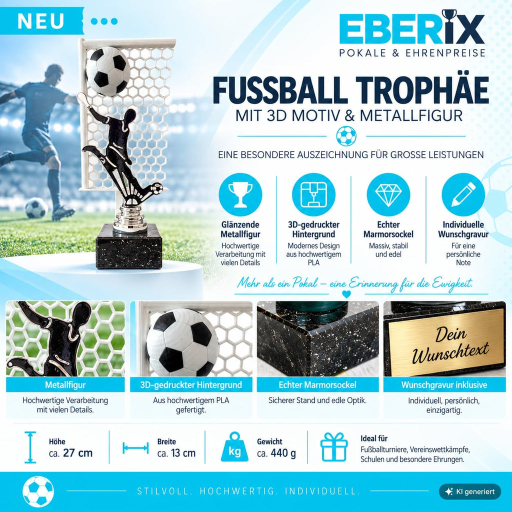 Fußball Pokal 27 cm Metallfigur mit Wunschgravur & 3D-Hintergrund