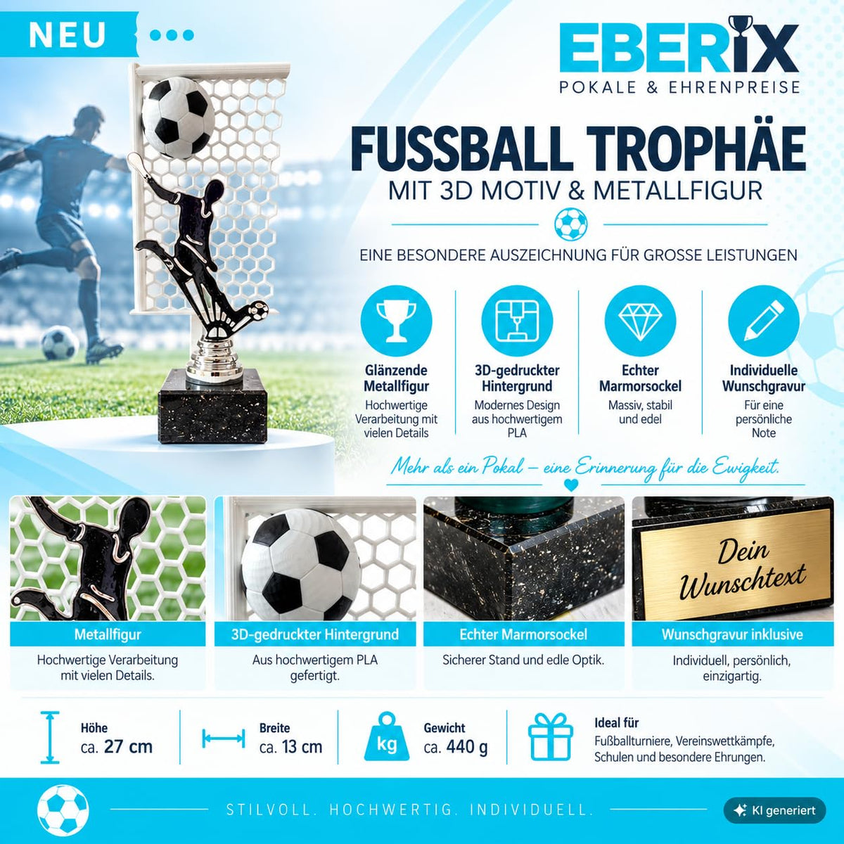 Fußball Pokal 27 cm Metallfigur mit Wunschgravur & 3D-Hintergrund
