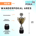 EBERiX · Athena oder Ares Wanderpokal · Wanderpokal mit Gravur · Eleganter Metallpokal mit Deckel & Holzsockel · 46 cm Höhe · Inkl. Gravurschild · personalisierbar