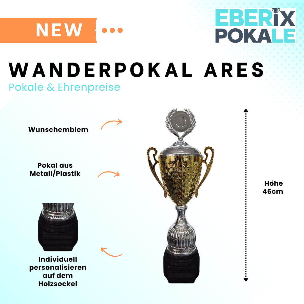 EBERiX · Athena oder Ares Wanderpokal · Wanderpokal mit Gravur · Eleganter Metallpokal mit Deckel & Holzsockel · 46 cm Höhe · Inkl. Gravurschild · personalisierbar