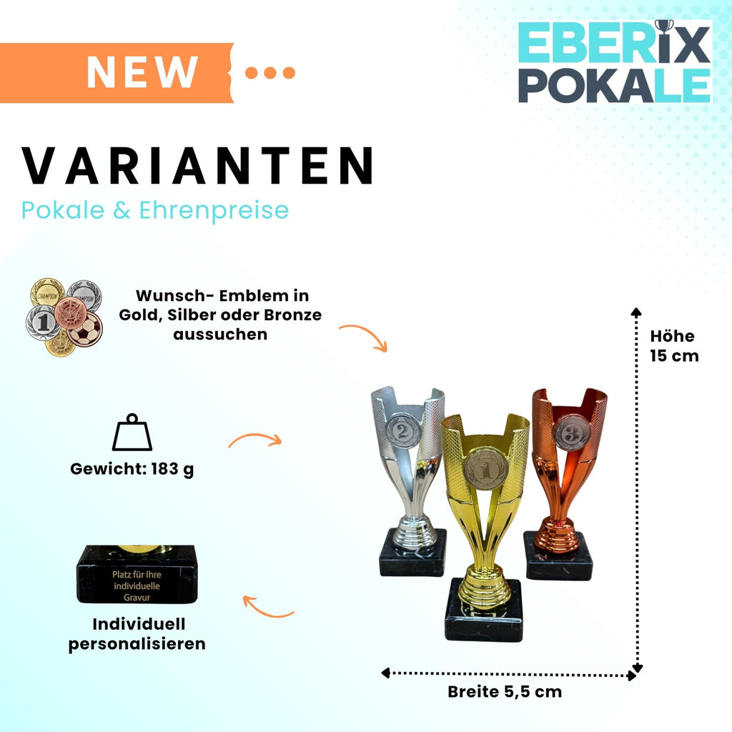 EBERiX POKALE – Pokal 15 cm mit Gravur auf Marmorsockel – wählbar in Gold Silber Bronze – personalisierte Kunststoff Trophäe – Award für Turniere & Events – einzeln oder als 3er-Set