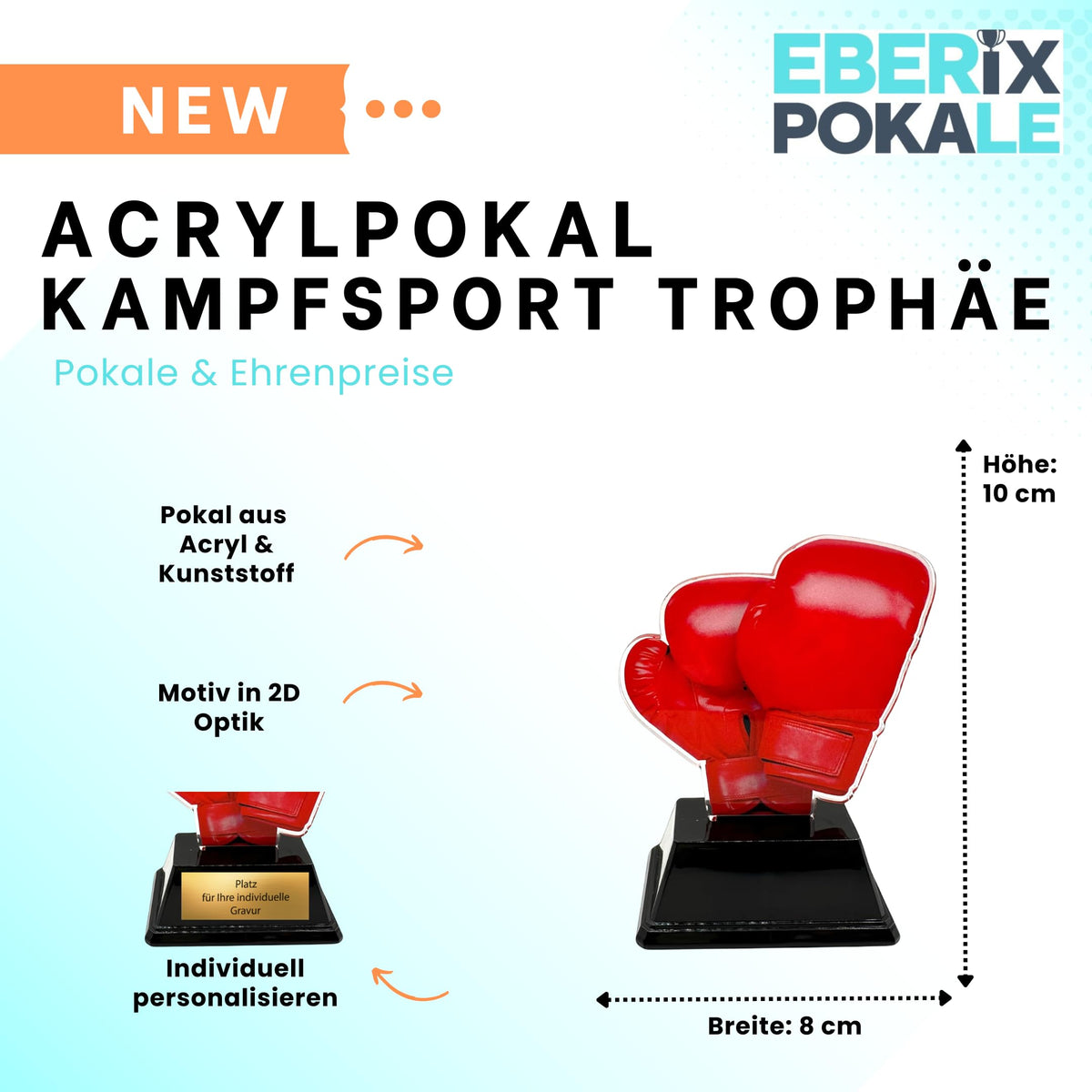 10 cm Acryl Pokal mit Gravurschild - Boxhandschuhe Trophäe für Kampfsport