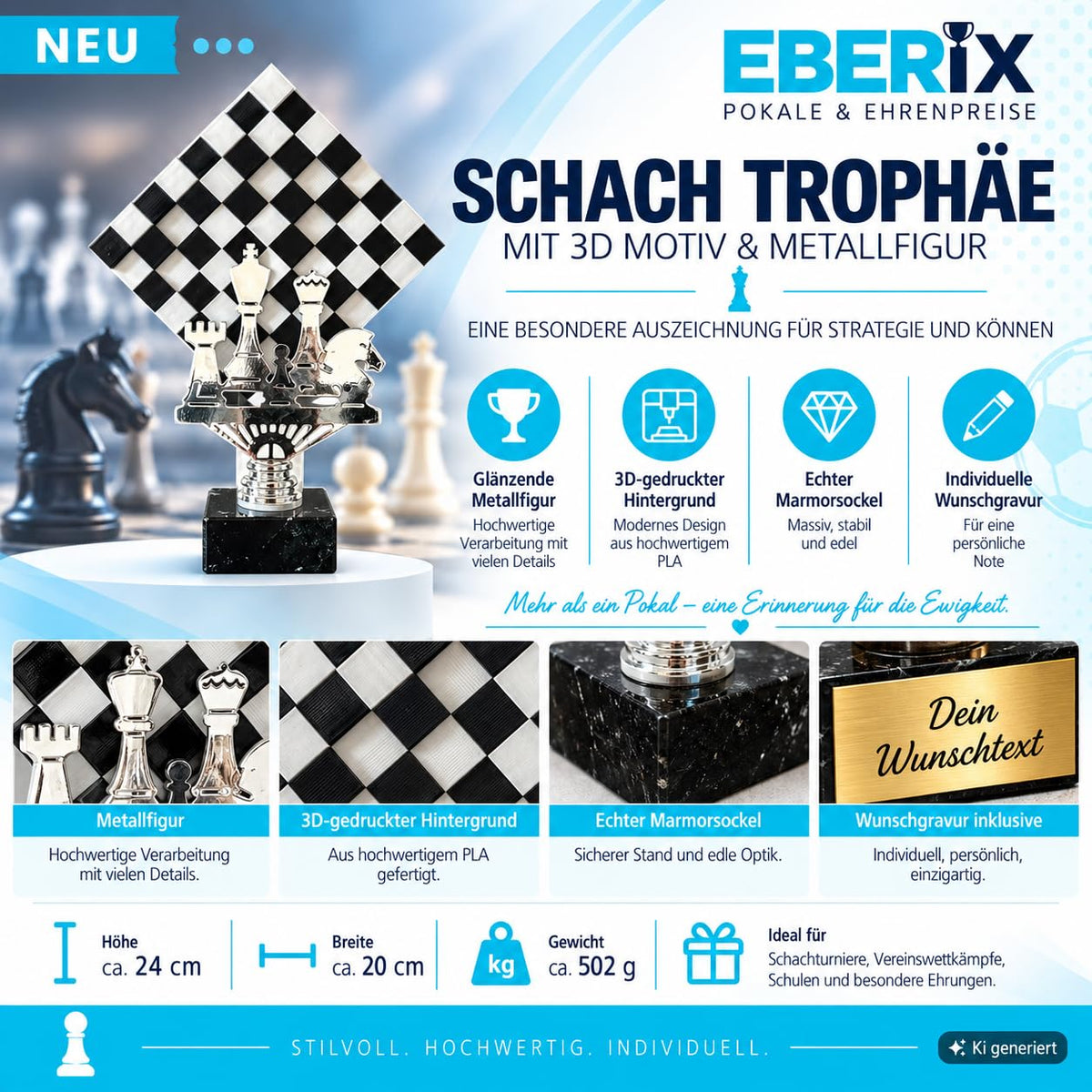 Schachpokal 24 cm Metallfigur mit Wunschgravur & 3D-Hintergrund