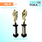 eberix · Reitsport Pokal · mit Wunschgravur · Trophäe mit Hufeisen-Motiv & weißer Glanzsäule · Siegerpokal für Reitturnier, Voltigieren, Dressur, Pferdesport ·