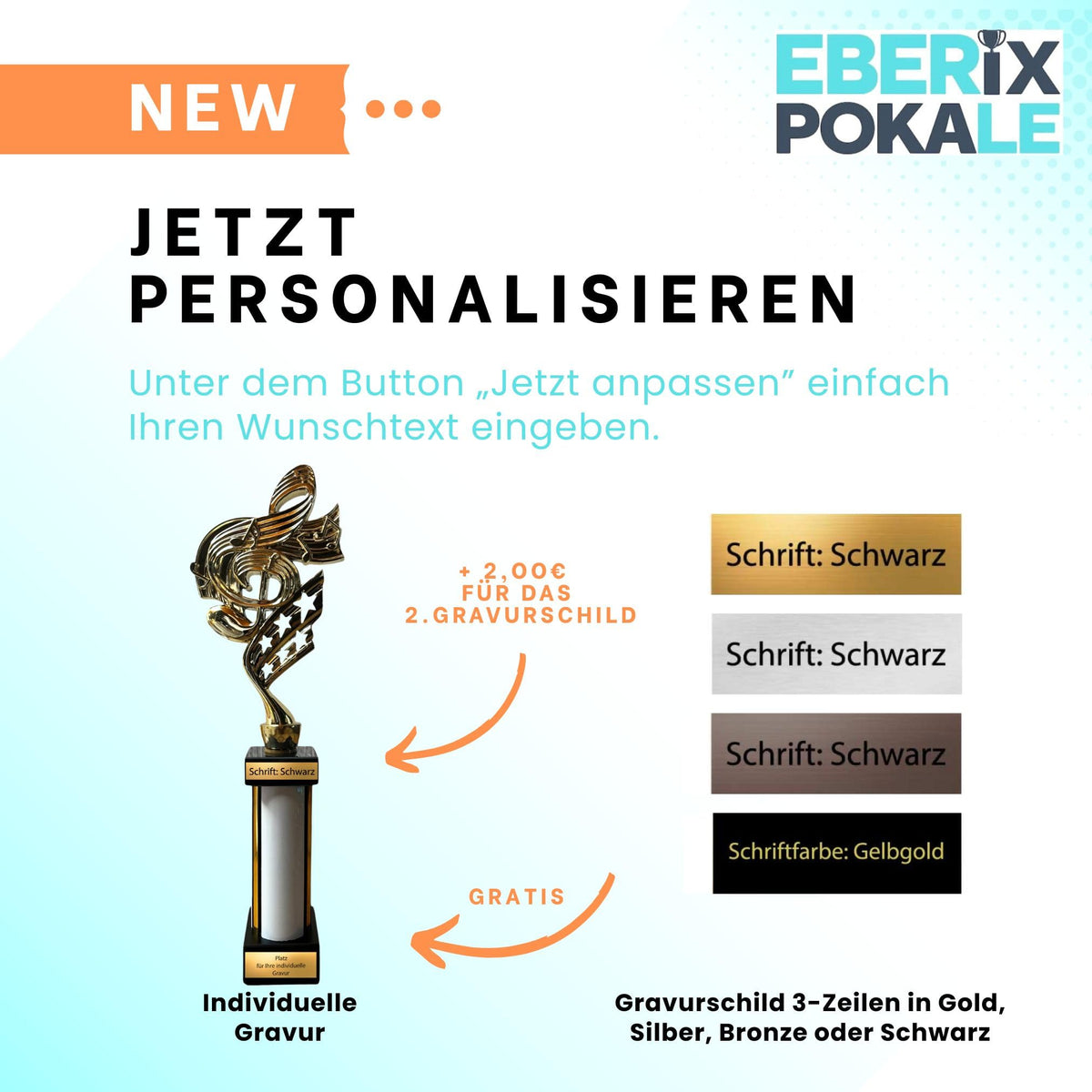 eberix · Musik Notenschlüssel Pokal · mit Wunschgravur · Trophäe mit weißer Glanzsäule · Pokal für Musikwettbewerb, Band, Chor, Musikschule, Vereinsauszeichnung · personalisierbar ·