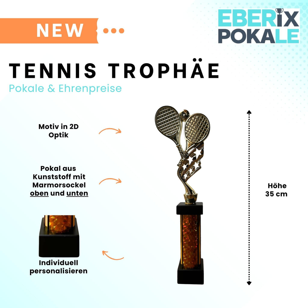 eberix · Tennis Pokal · mit Wunschgravur · Trophäe mit Tennisschläger & Ball Motiv · Siegerpokal für Tennis-Turnier, Vereinsmeisterschaft · personalisierbar ·