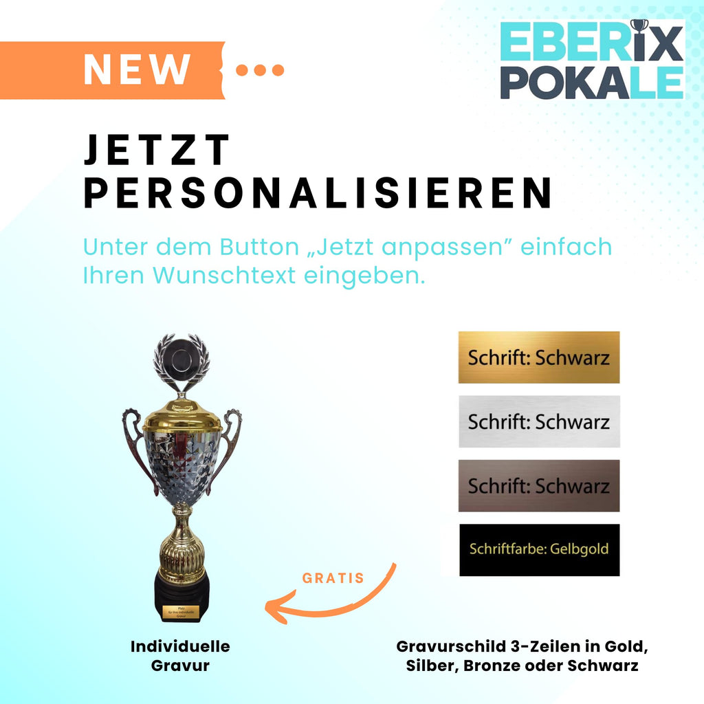 EBERiX · Athena oder Ares Wanderpokal · Wanderpokal mit Gravur · Eleganter Metallpokal mit Deckel & Holzsockel · 46 cm Höhe · Inkl. Gravurschild · personalisierbar