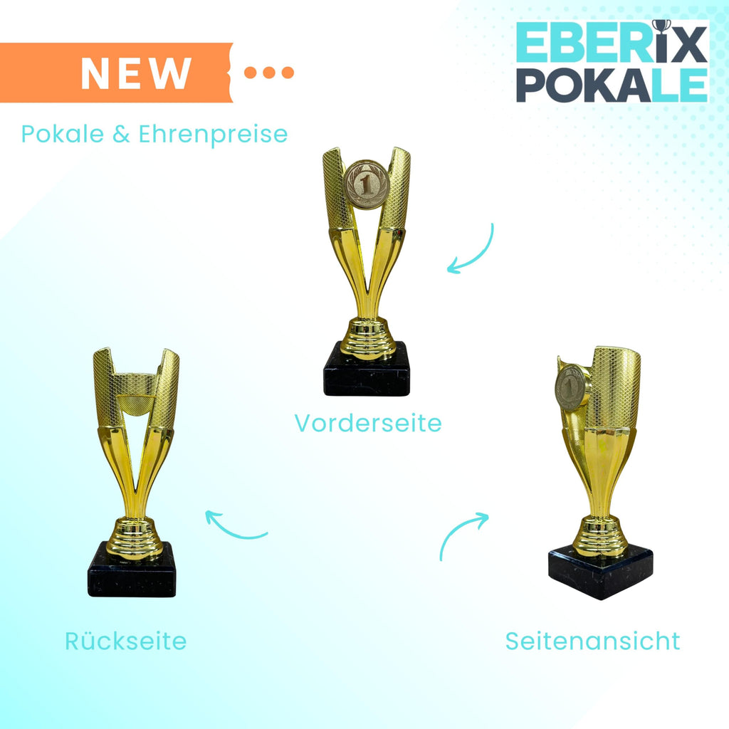 EBERiX POKALE – Pokal 15 cm mit Gravur auf Marmorsockel – wählbar in Gold Silber Bronze – personalisierte Kunststoff Trophäe – Award für Turniere & Events – einzeln oder als 3er-Set
