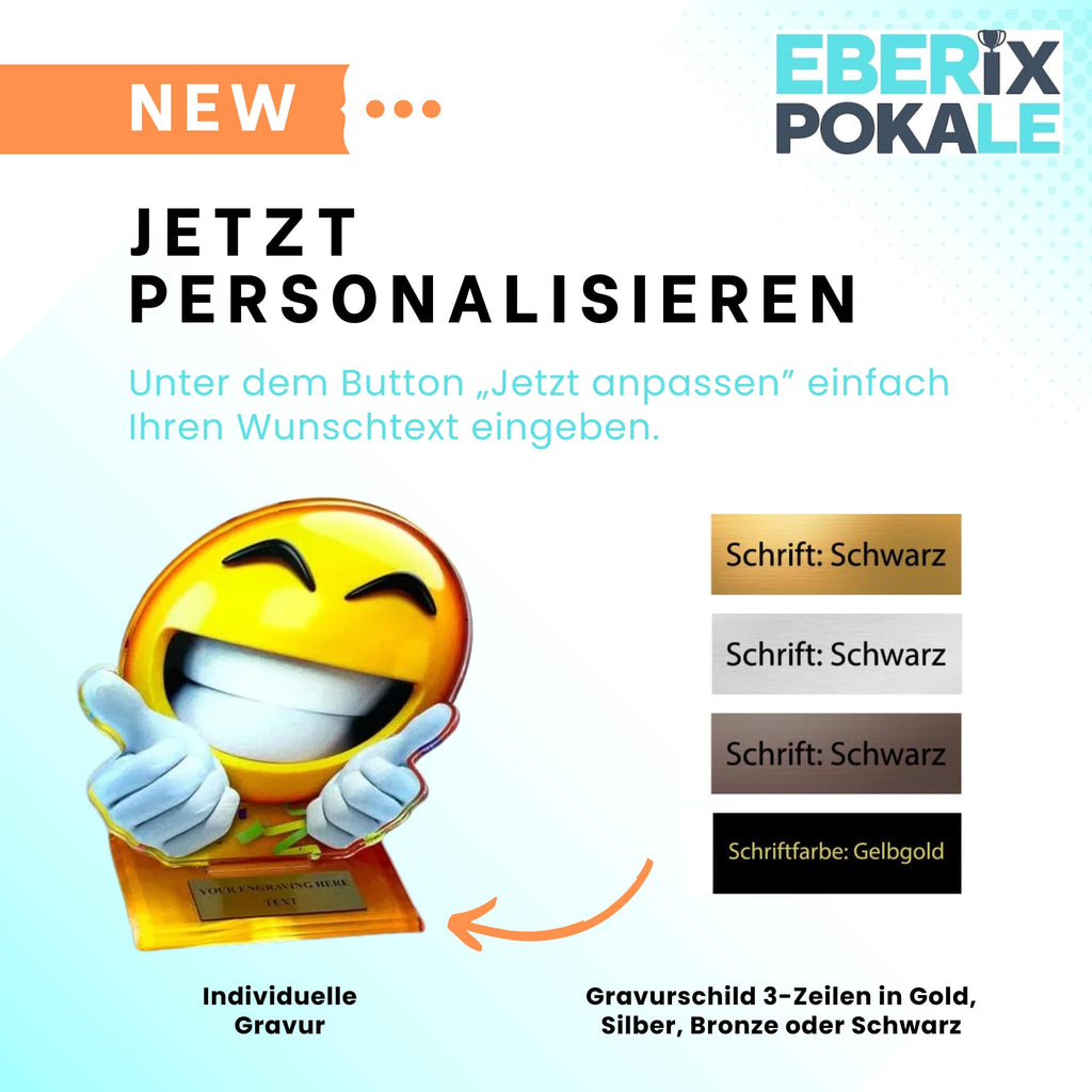 Smiley Pokal Trophäe 13,5 cm - Kinderpokal mit Gravur aus Acryl