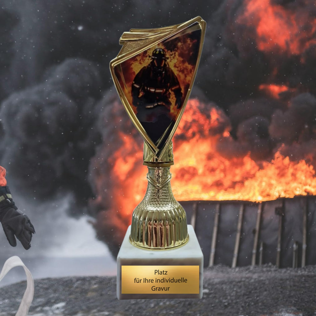 Feuerwehr Pokal 18,5cm - Goldene Trophäe mit 2D-Motiv & Marmorsockel