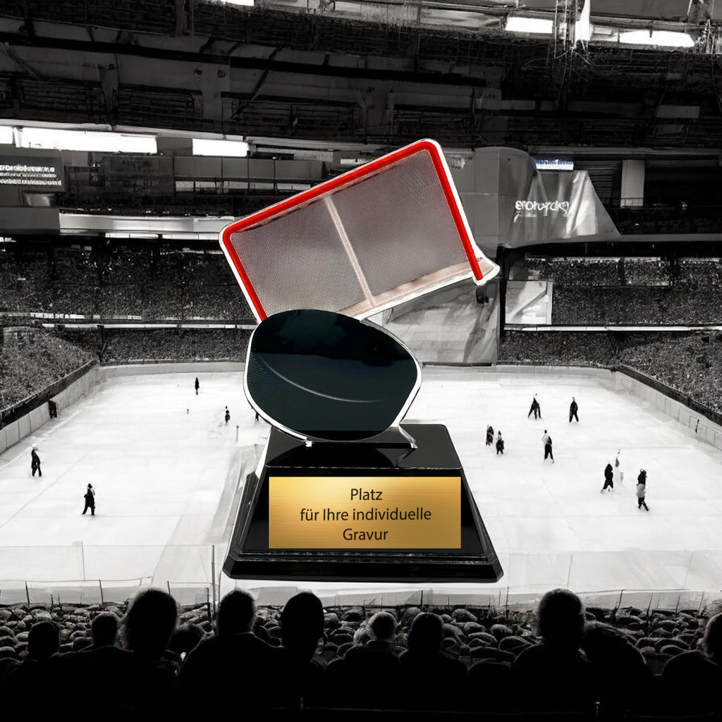 10 cm Eishockey Pokal - Acryltrophäe mit Puck & Tor Motiv - Inkl. Gravur