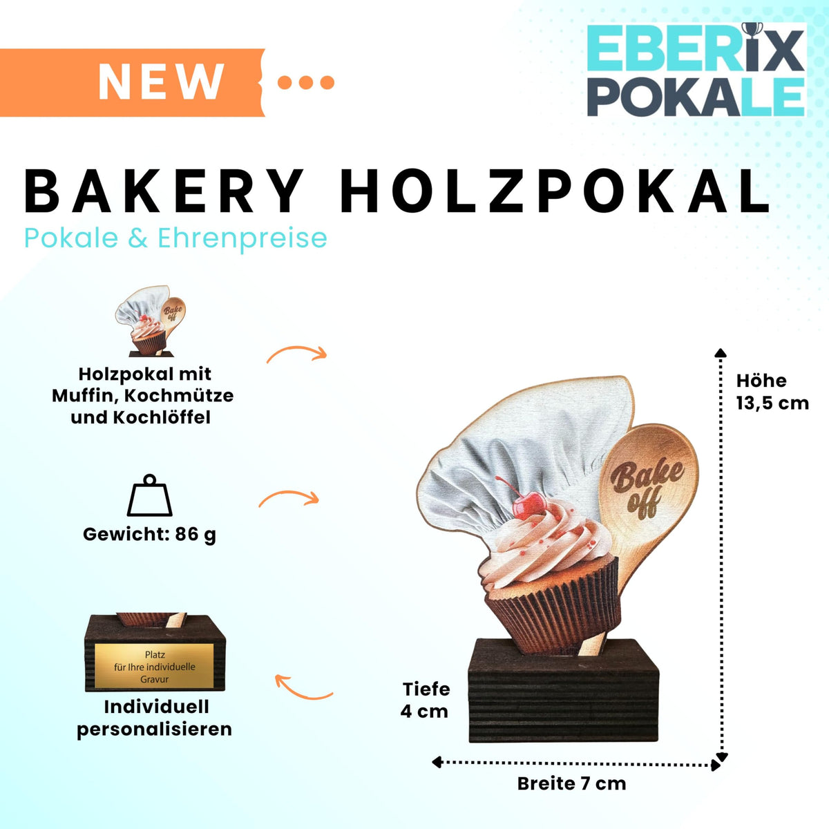 Backpokal 13,5 cm aus Holz - Trophäe für Backwettbewerb mit Cupcake Motiv