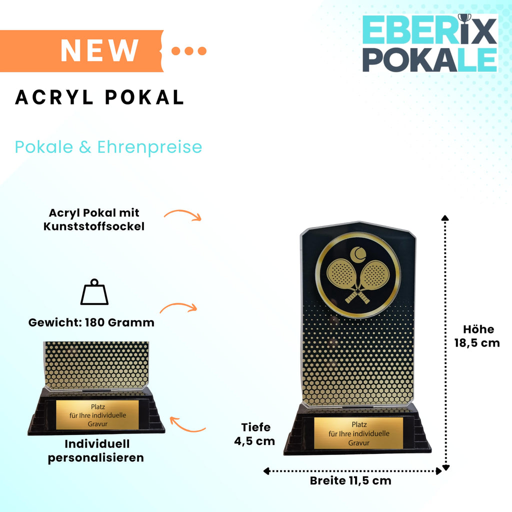 18,5 cm Padel Pokal aus Acryl mit Kunststoffsockel - Gravur Siegerpokal