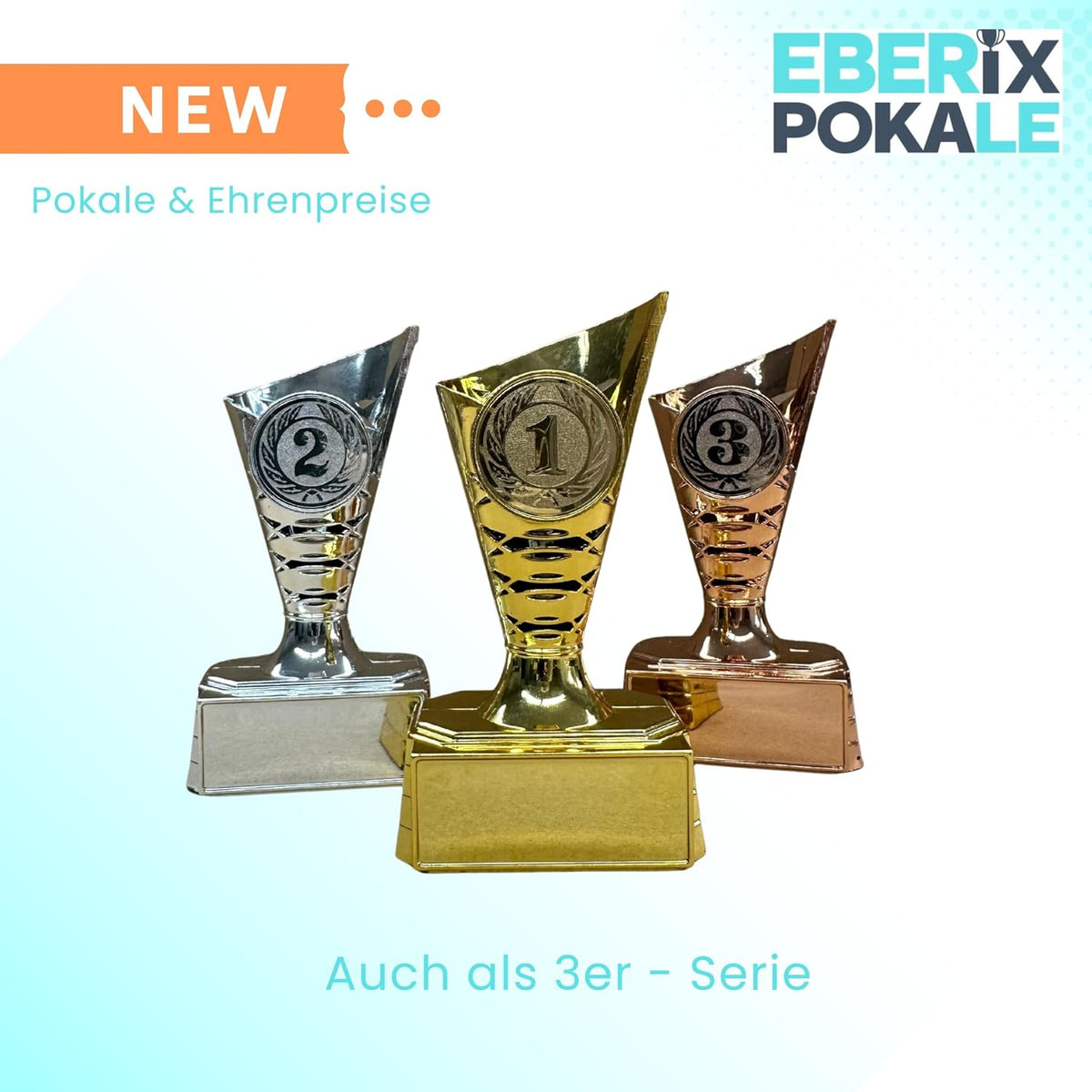 EBERiX – 3er Pokal-Set Platz 1, 2, 3 – Mini-Trophaeen aus Kunststoff mit Gravur – Gold, Silber & Bronze – ca. 11 cm hoch – geeignet fuer Turniere, Kinderfeste, Spieleabende & als Geschenkpokal