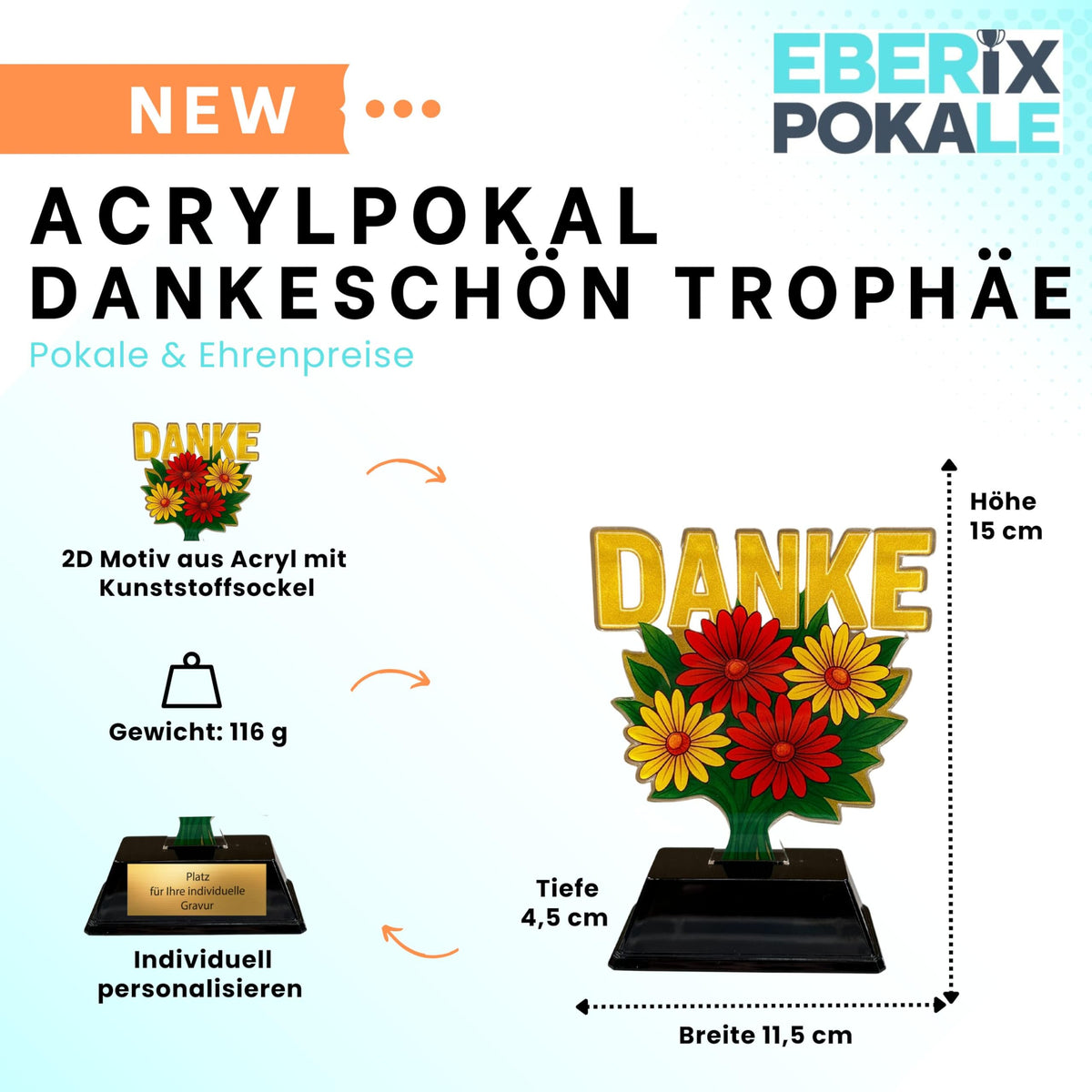 Acryl Pokal Danke Aufsteller 15 cm - Trophaee mit Gravurschild & Award