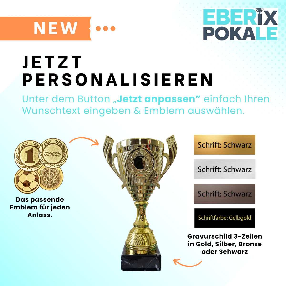 Henkelpokal Gold 26,5cm | Ehrenpokal | Wunschemblem | Gravur | 550g