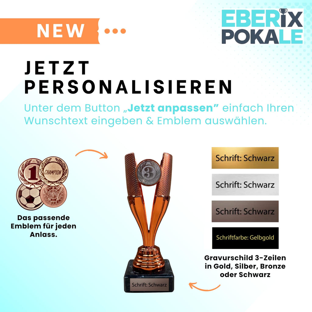EBERiX POKALE – Pokal 15 cm mit Gravur auf Marmorsockel – wählbar in Gold Silber Bronze – personalisierte Kunststoff Trophäe – Award für Turniere & Events – einzeln oder als 3er-Set