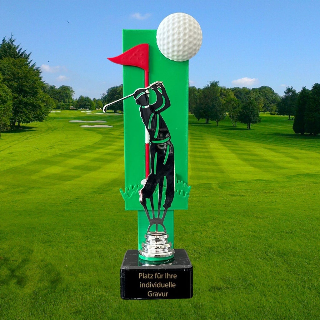 Golfpokal 25 cm Metallfigur mit Wunschgravur & 3D-Hintergrund