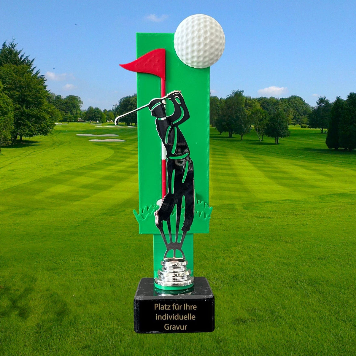 Golfpokal 25 cm Metallfigur mit Wunschgravur & 3D-Hintergrund