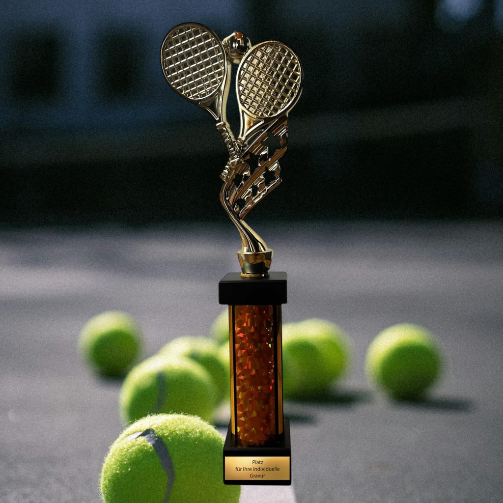 eberix · Tennis Pokal · mit Wunschgravur · Trophäe mit Tennisschläger & Ball Motiv · Siegerpokal für Tennis-Turnier, Vereinsmeisterschaft · personalisierbar ·