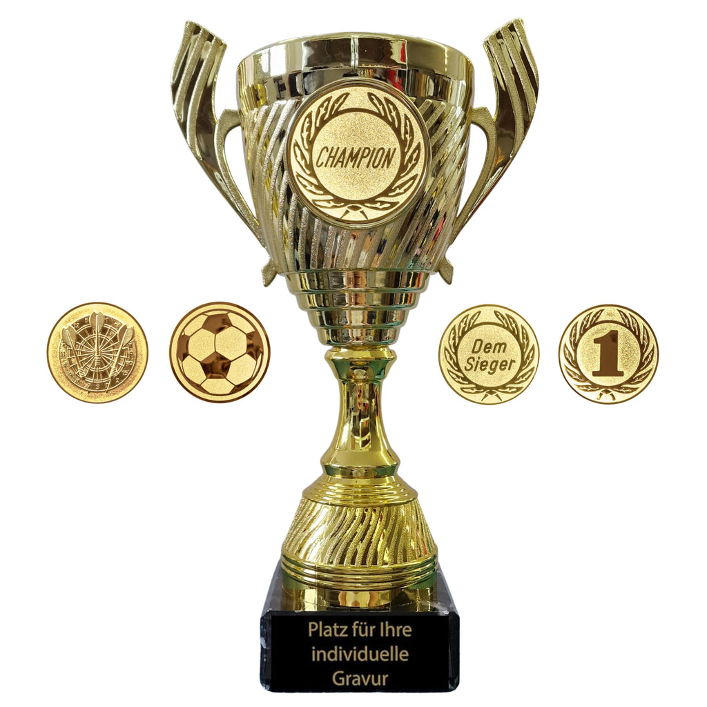 Henkelpokal Gold 26,5cm | Ehrenpokal | Wunschemblem | Gravur | 550g