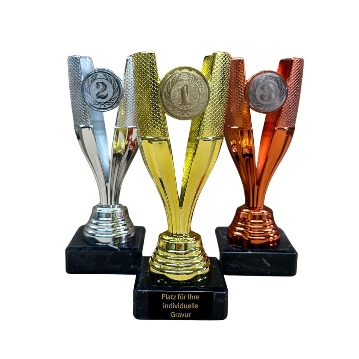EBERiX POKALE – Pokal 15 cm mit Gravur auf Marmorsockel – wählbar in Gold Silber Bronze – personalisierte Kunststoff Trophäe – Award für Turniere & Events – einzeln oder als 3er-Set