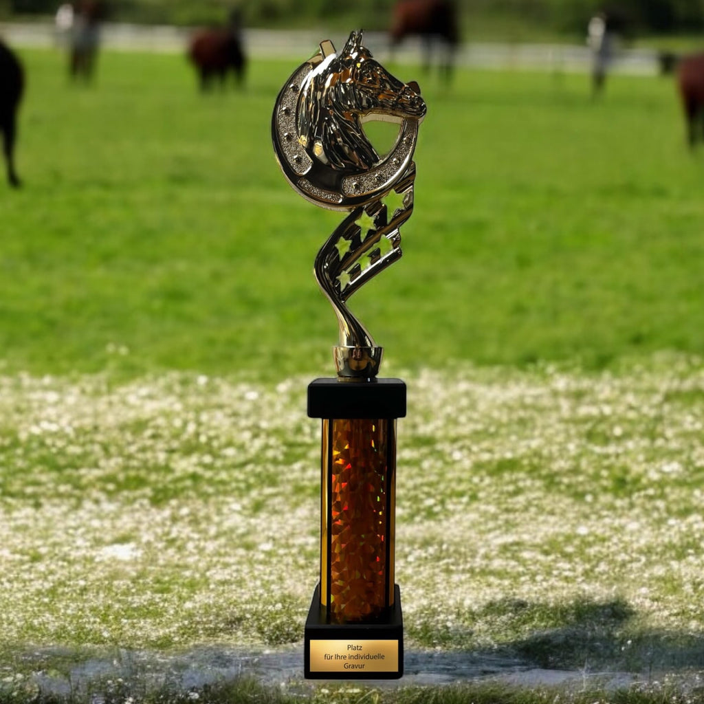 eberix · Reitsport Pokal · mit Wunschgravur · Trophäe mit Hufeisen-Motiv & goldener Glanzsäule · Siegerpokal für Reitturnier, Voltigieren, Dressur, Pferdesport ·