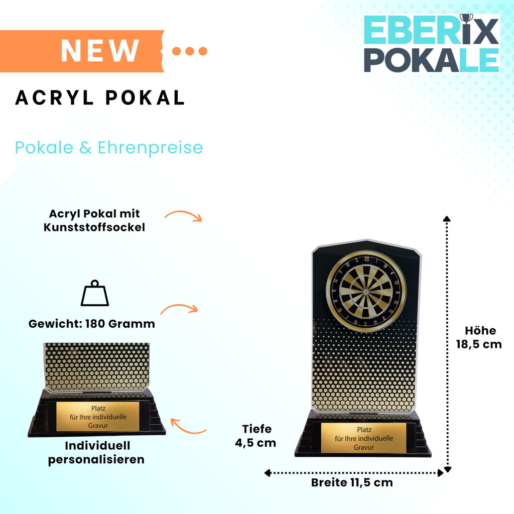 Dart Pokal 18,5 cm mit Gravurschild - Acryl Trophaee fuer Dartturniere