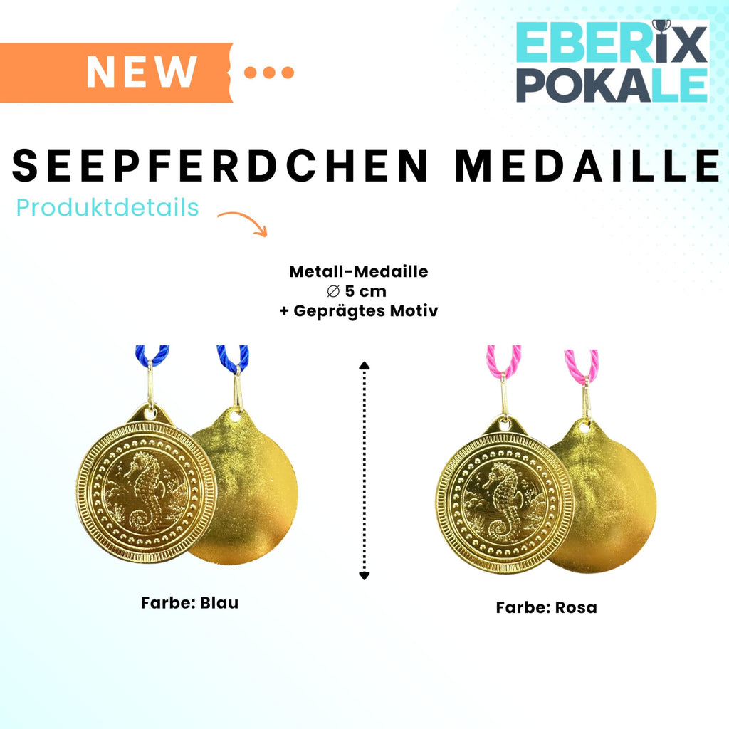 EBERiX POKALE – Seepferdchen Medaille 50 mm aus Metall – glänzende Schwimm Medaille für Kinder & Vereine – inklusive Kordel in Blau oder Rosa – 31 g – Ideal für Schwimmkurse & Wettkämpfe