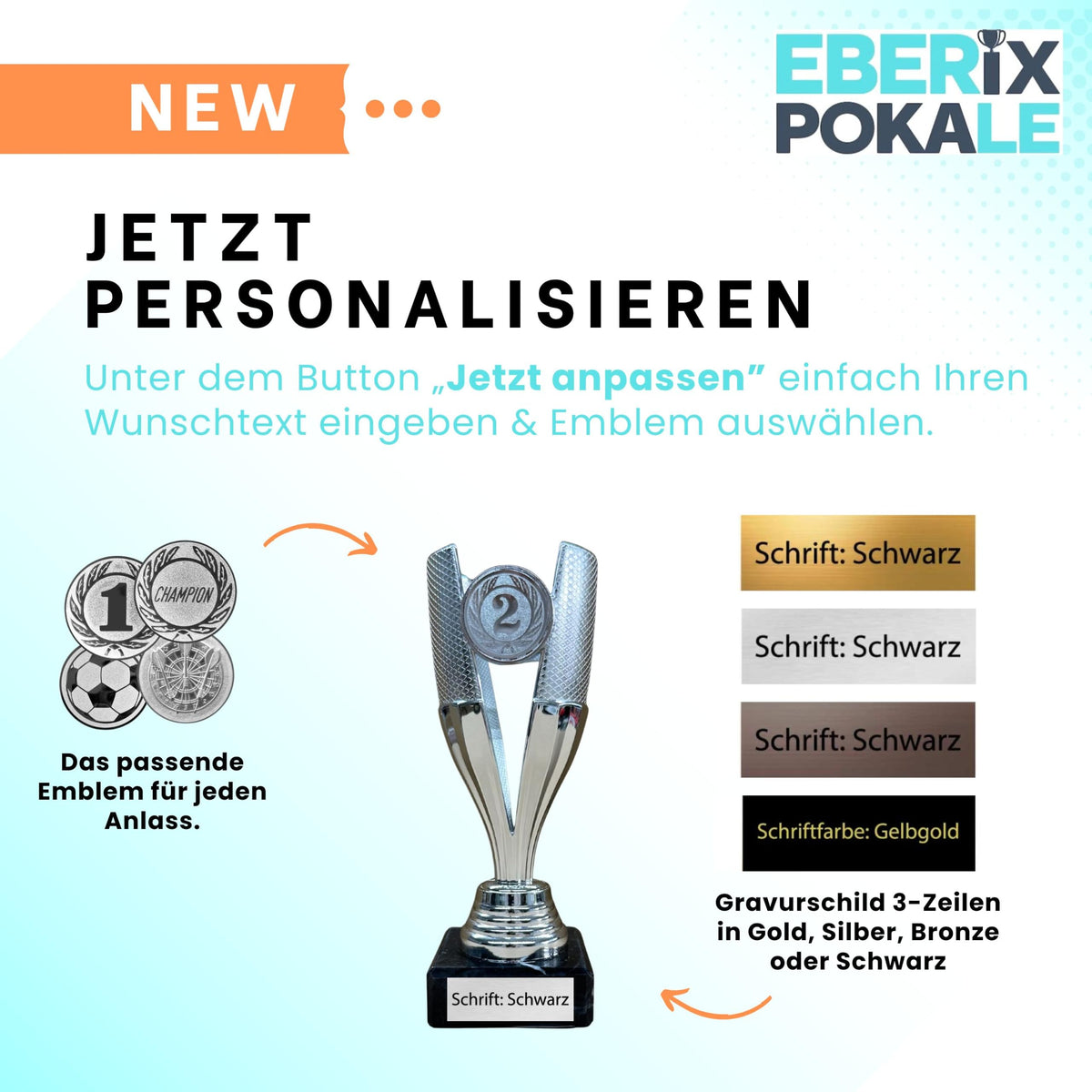 EBERiX POKALE – Pokal 15 cm mit Gravur auf Marmorsockel – wählbar in Gold Silber Bronze – personalisierte Kunststoff Trophäe – Award für Turniere & Events – einzeln oder als 3er-Set