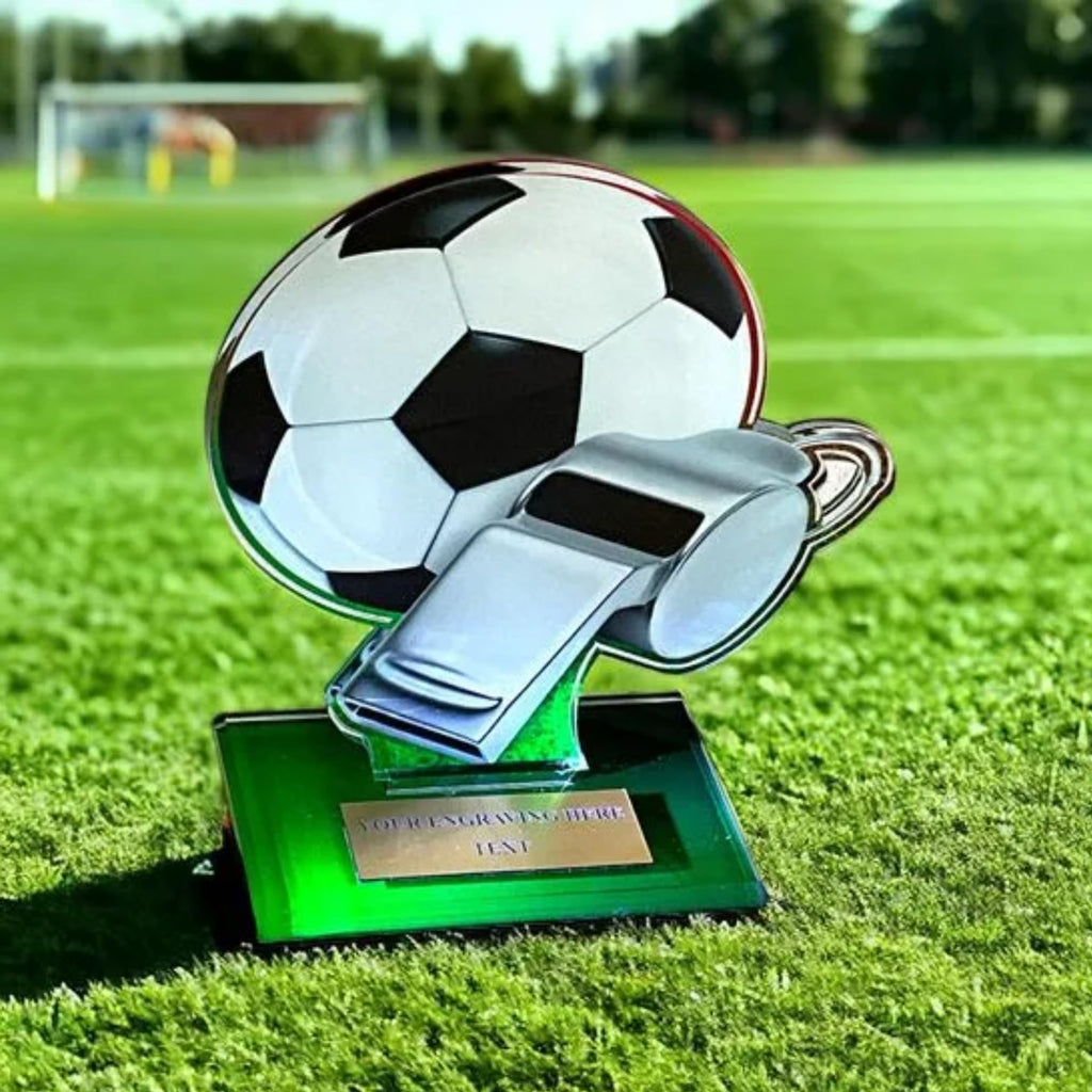14 cm Acryl Fußballpokal - Trophäe für Schiedsrichter mit Pfeife & Ball